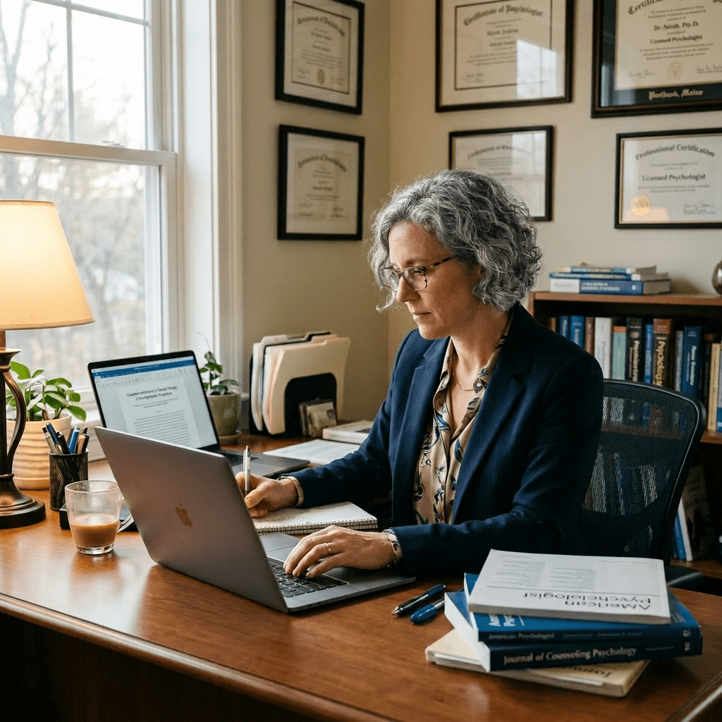 Psychologist working on a laptop and taking notes in an office surrounded by psychology books and certificates